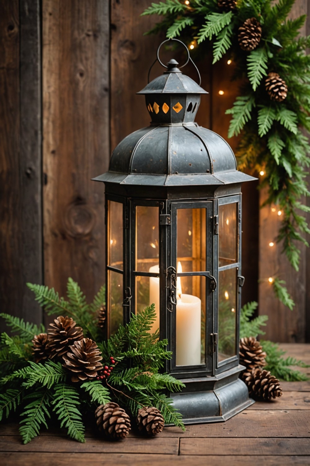 Distressed Metal Lanterns with Candles and Greenery