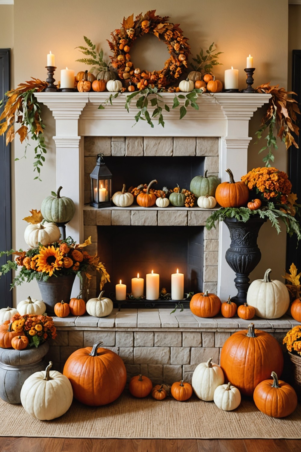 Fall-themed Mantel Decor with Pumpkins and Gourds