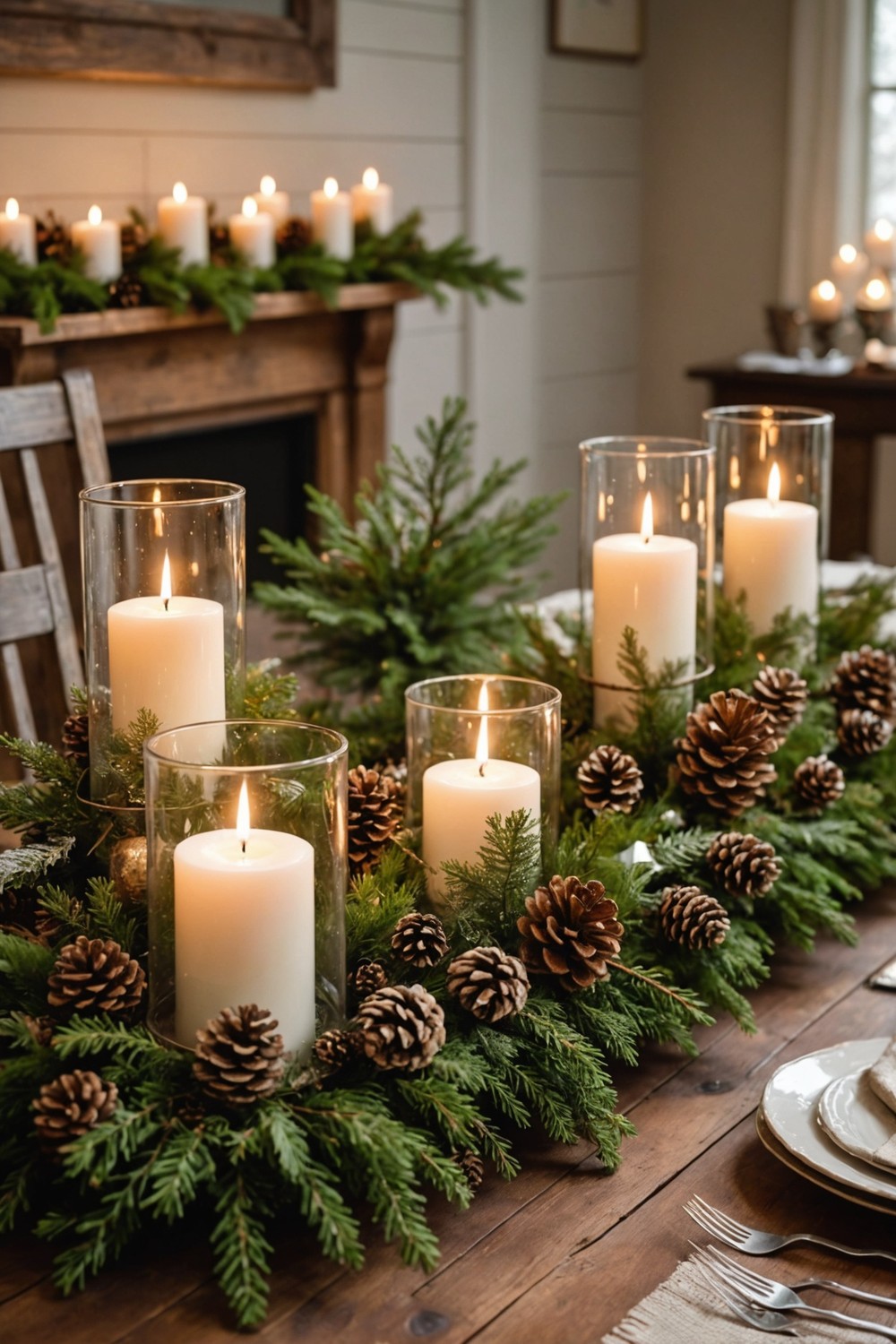 Farmhouse-Inspired Holiday Centerpieces with Candles and Evergreen