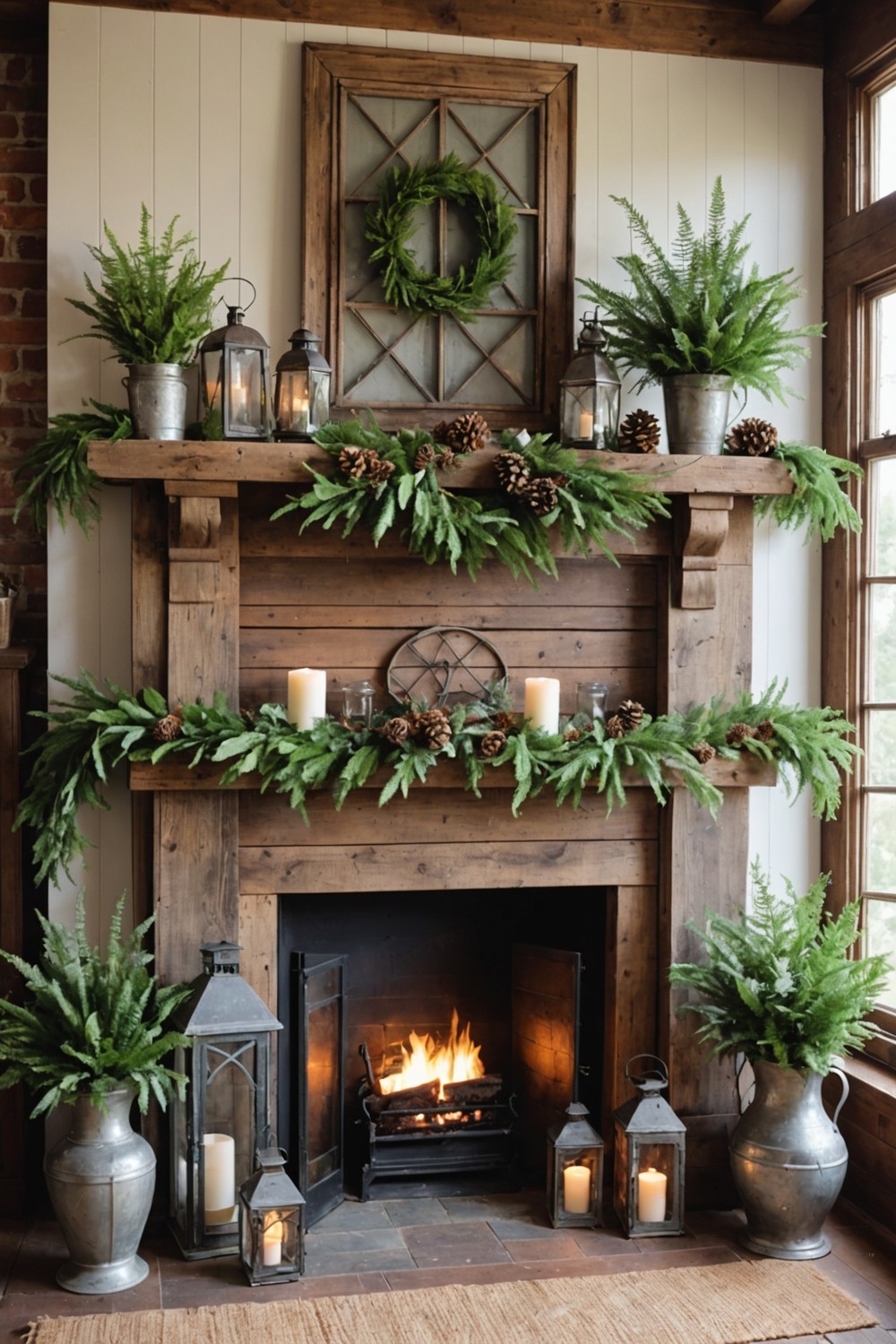 Farmhouse-Inspired Mantel with Vintage Items and Greenery