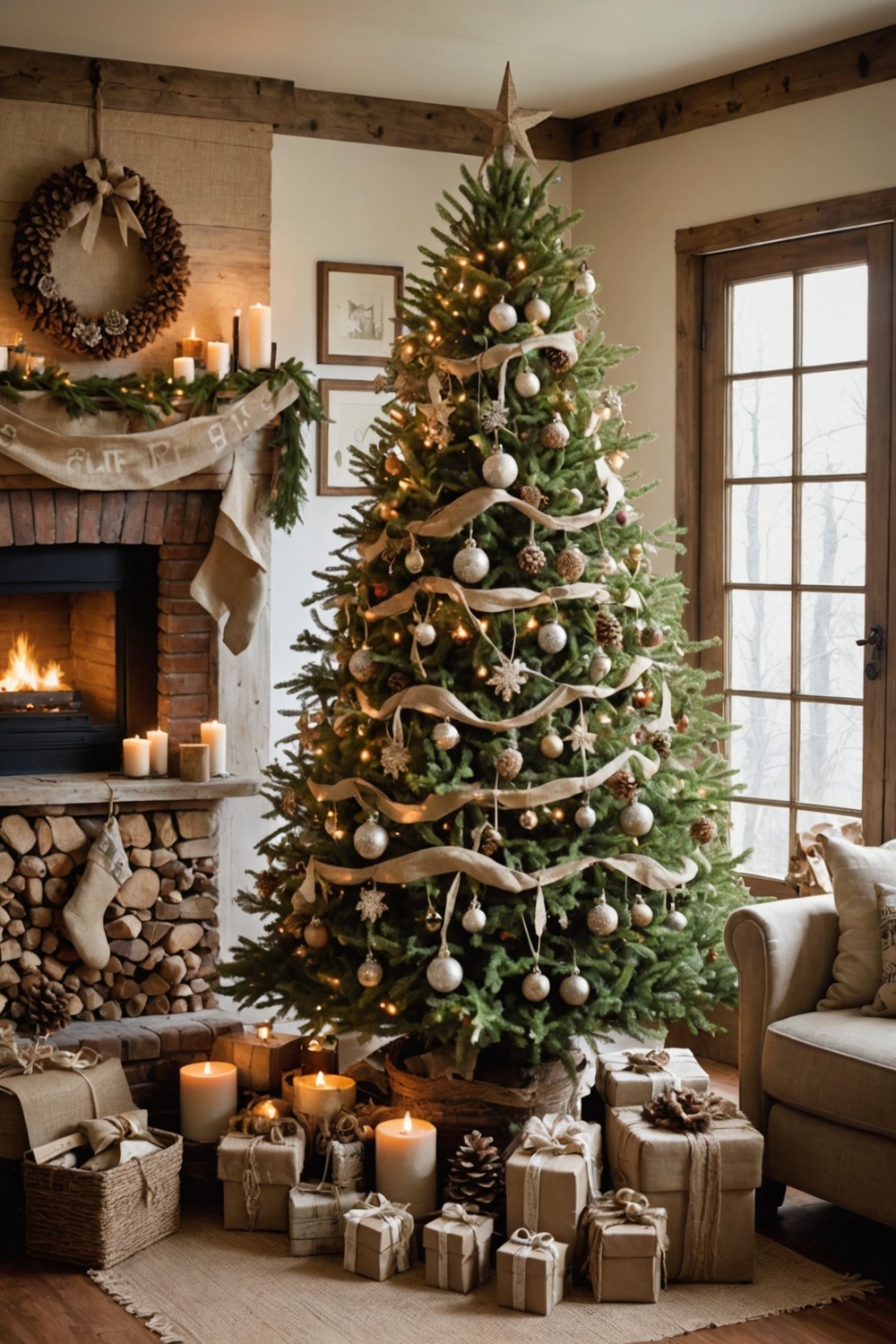 Farmhouse-Style Christmas Tree with Burlap and Twine