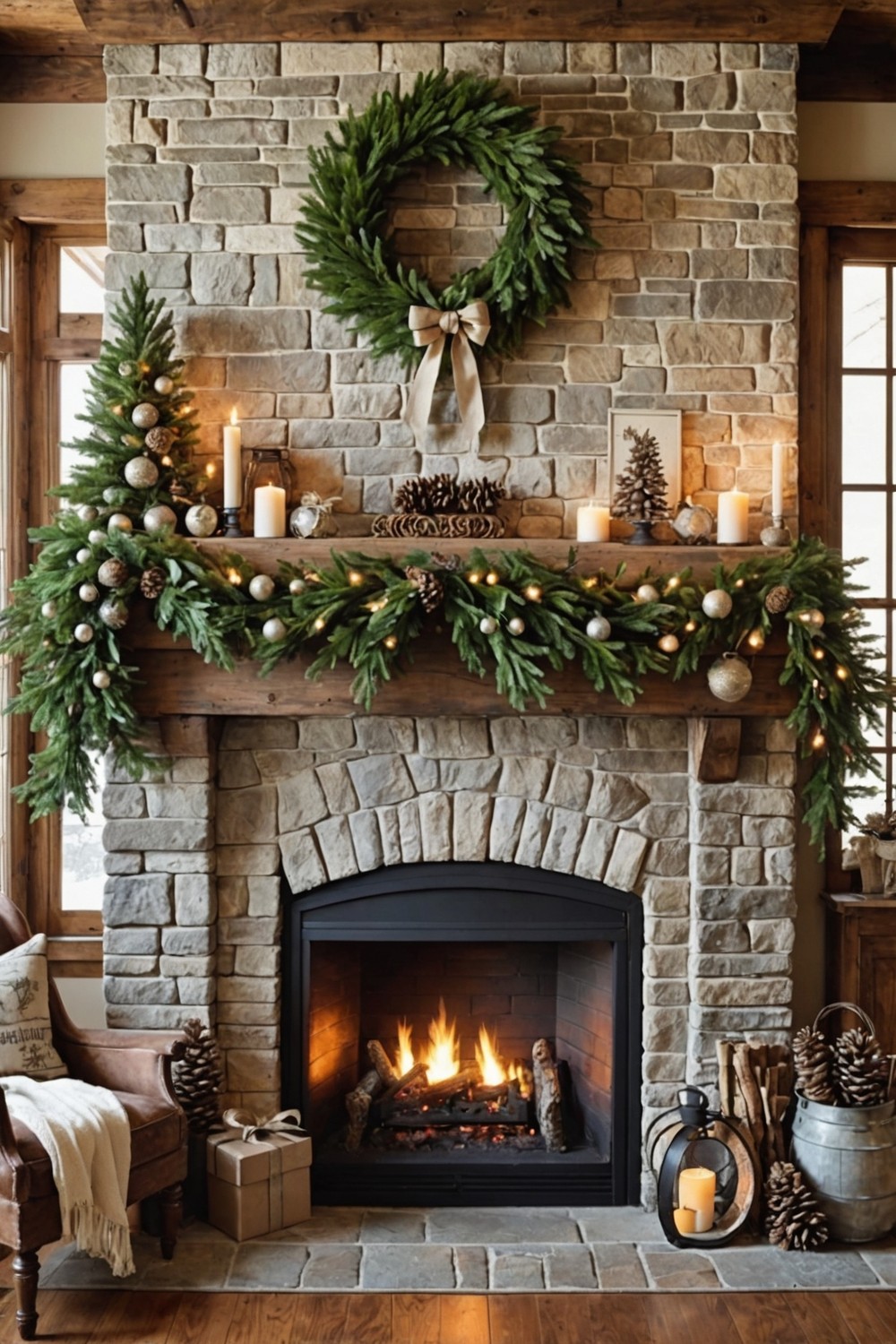 Farmhouse-Style Mantel Decor with Garlands and Stockings