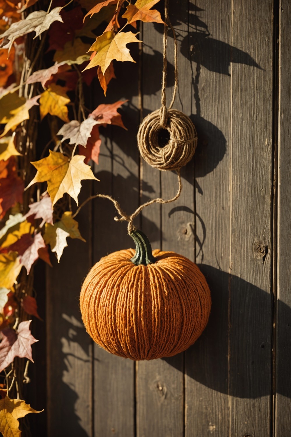 Faux Pumpkin Door Hanger with Yarn and Stick