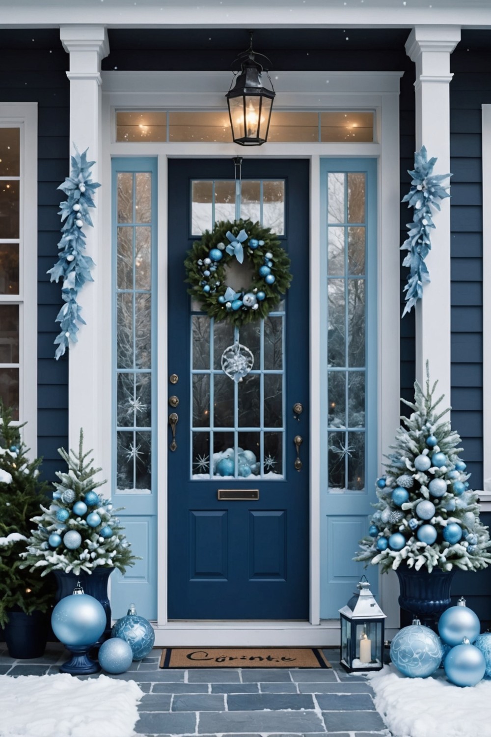 Monochromatic Christmas Porch with Icy Blues