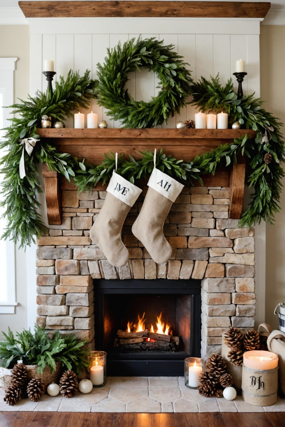 Monogrammed Stockings and Greenery