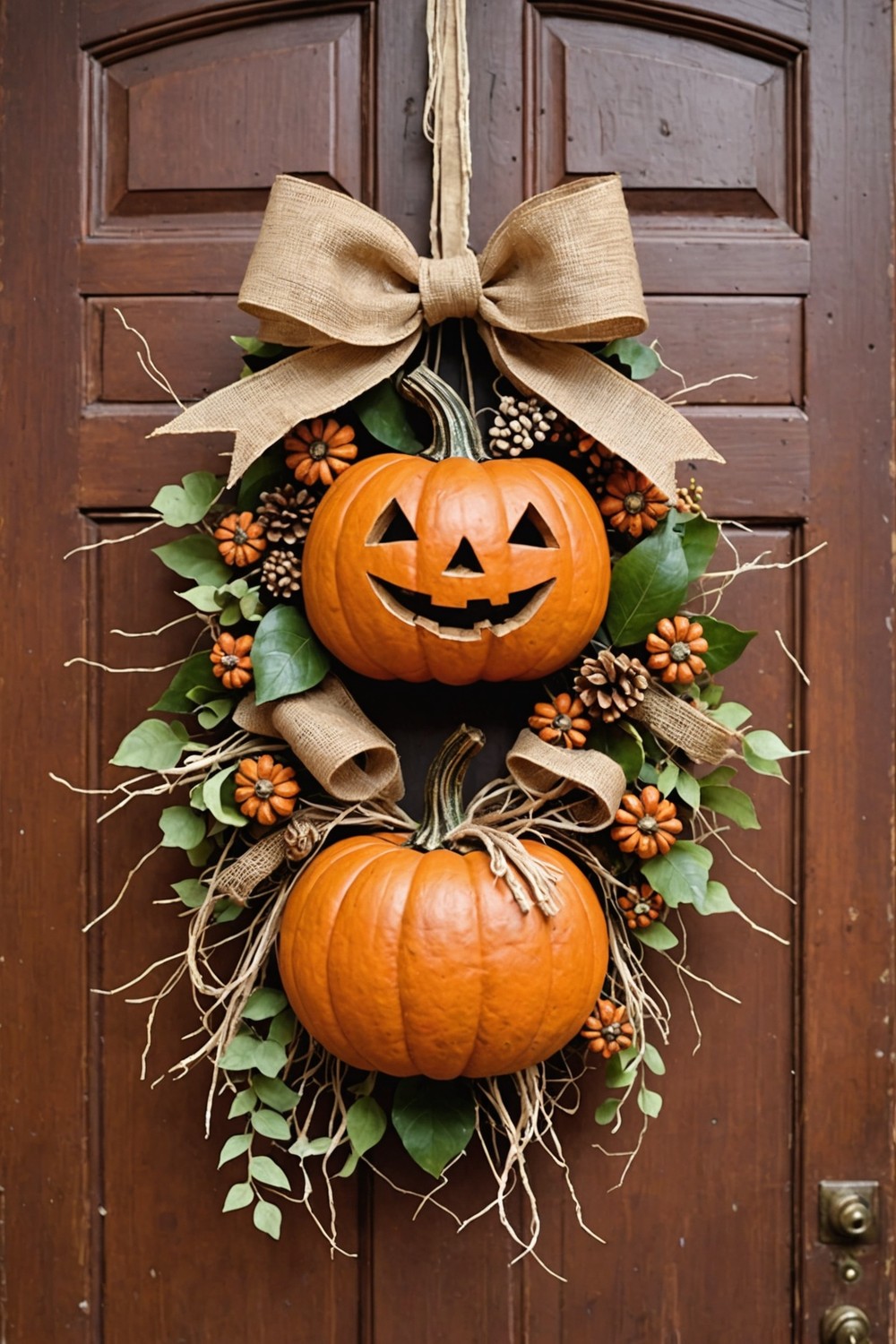 Nature-Inspired Pumpkin Door Hanger with Twig and Leaves