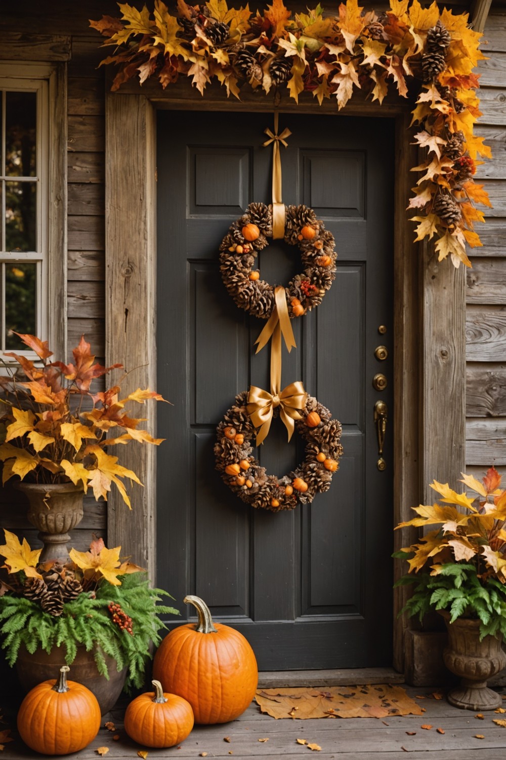 Pinecone and Ribbon Pumpkin Door Hanger