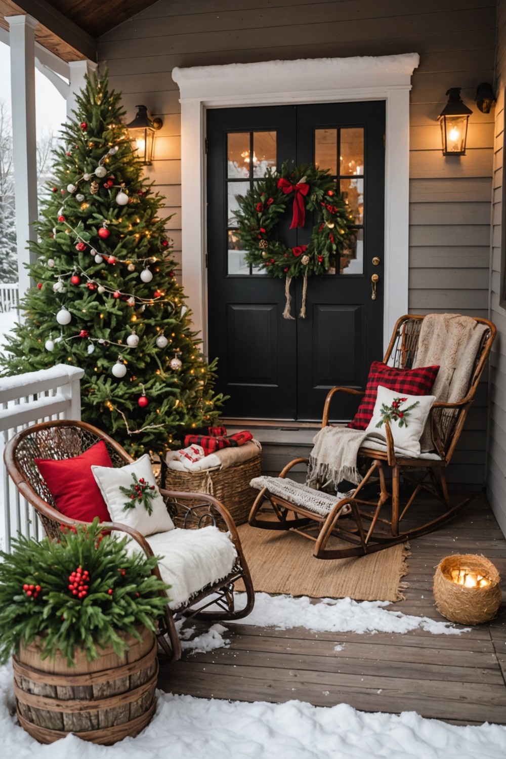 Porch Decor with Vintage Sleds and Hay Bale Seating