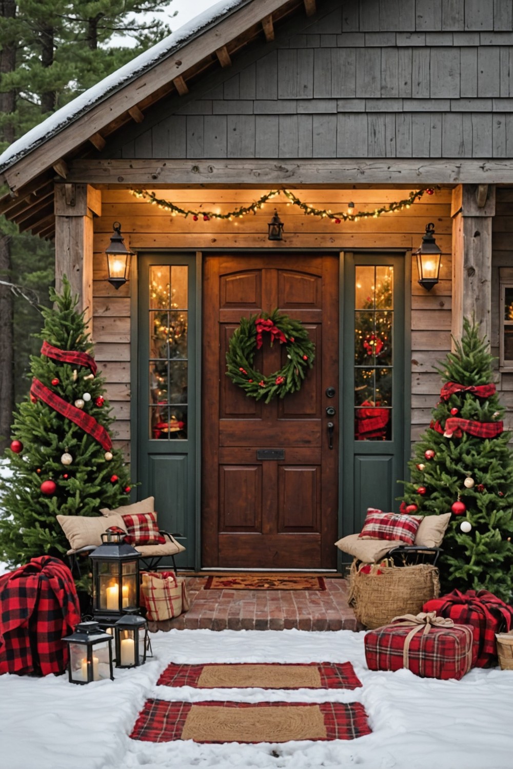 Rustic Country Christmas Porch with Hay Bales and Lanterns