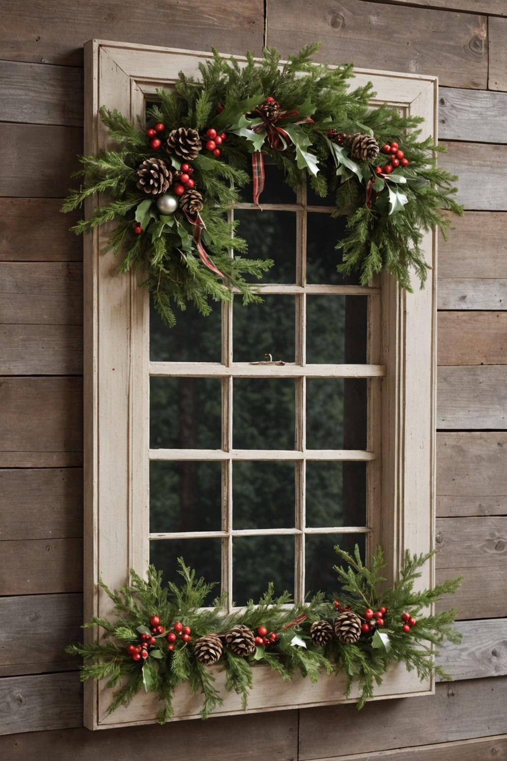 Rustic Window Frame with Christmas Decor