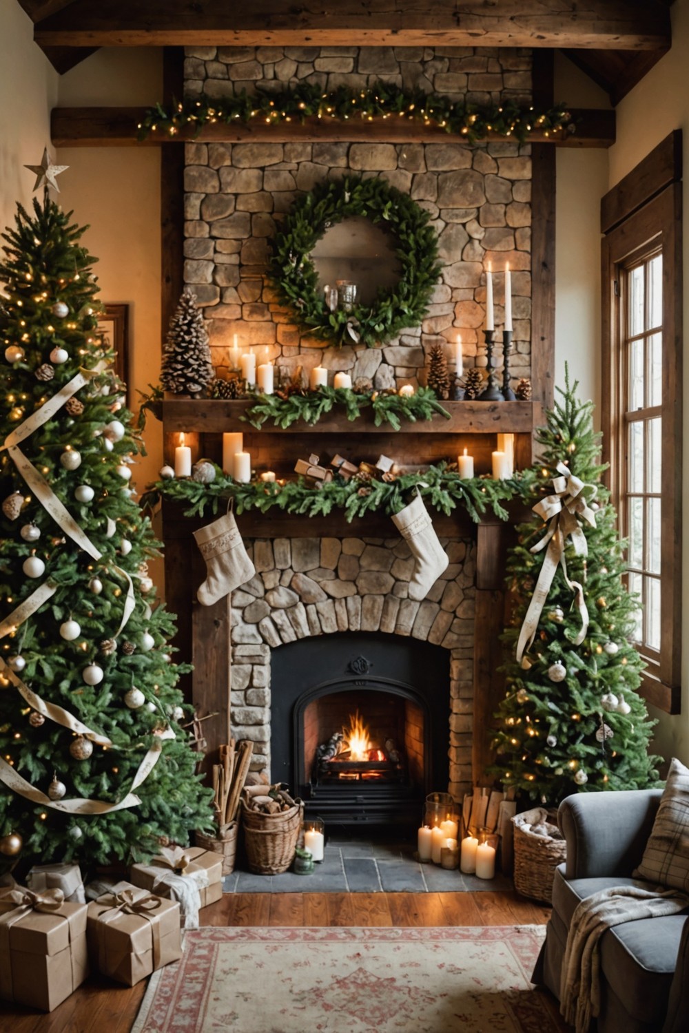 Rustic Wooden Ladders as Holiday Decor with Garlands and Stockings