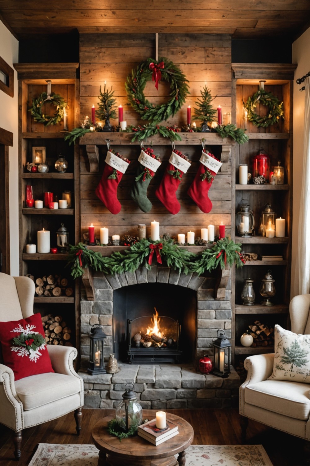 Rustic Wooden Wall Shelves with Holiday Decor