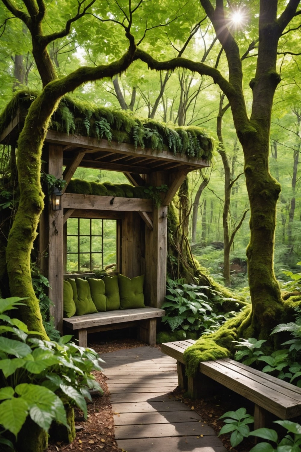 Rustic Woodland Nook with Reclaimed Wood Benches