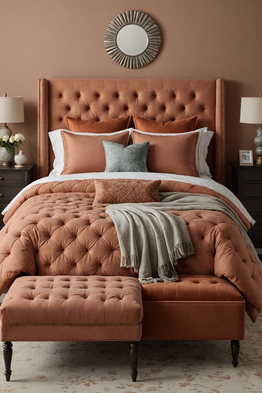 Soft Terracotta Tufted Upholstered Bed