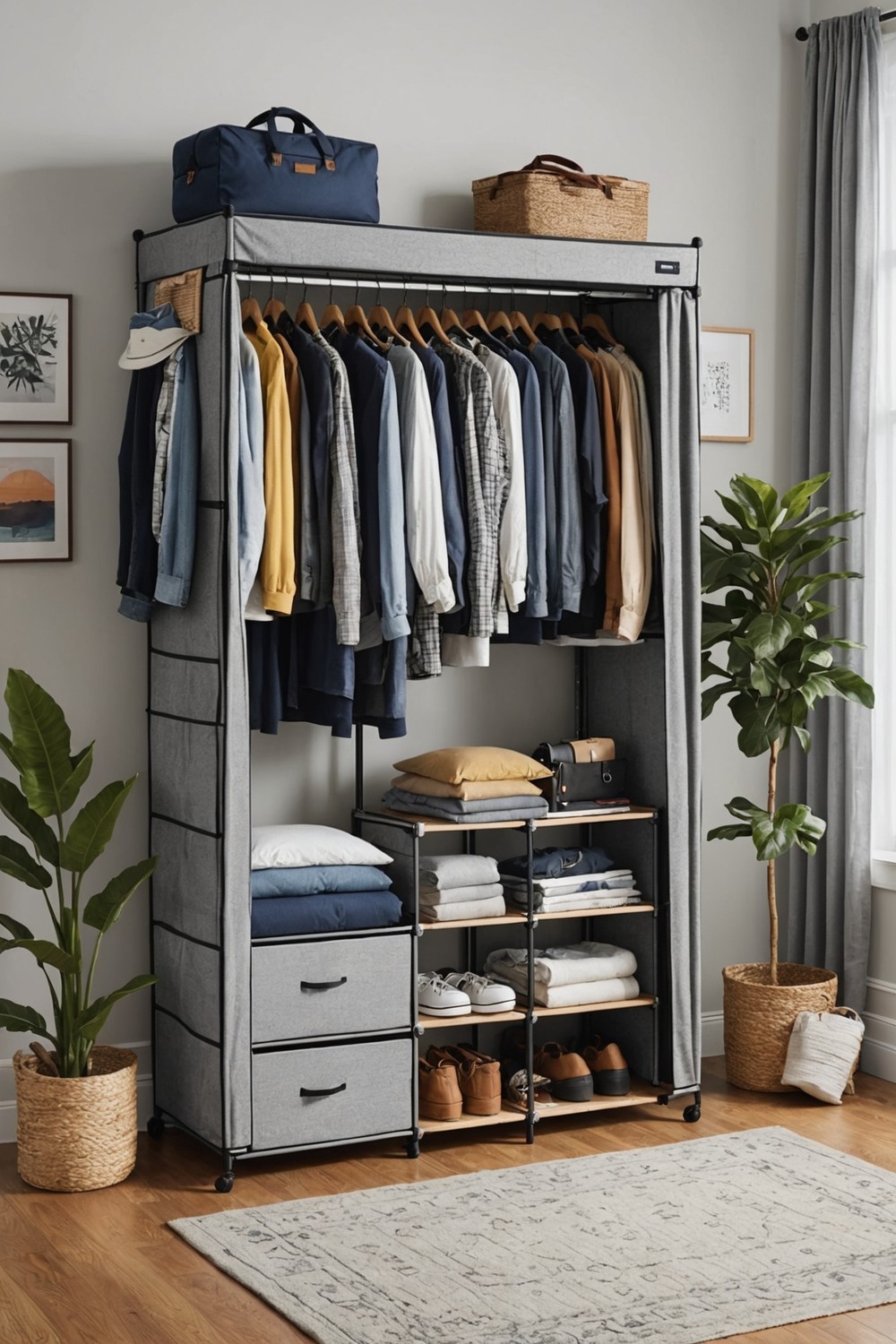 Use a portable wardrobe or closet organizer