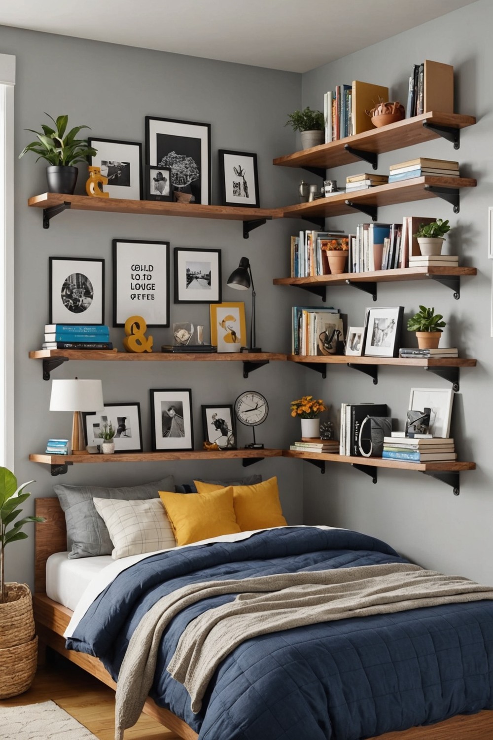 Utilize wall-mounted shelves