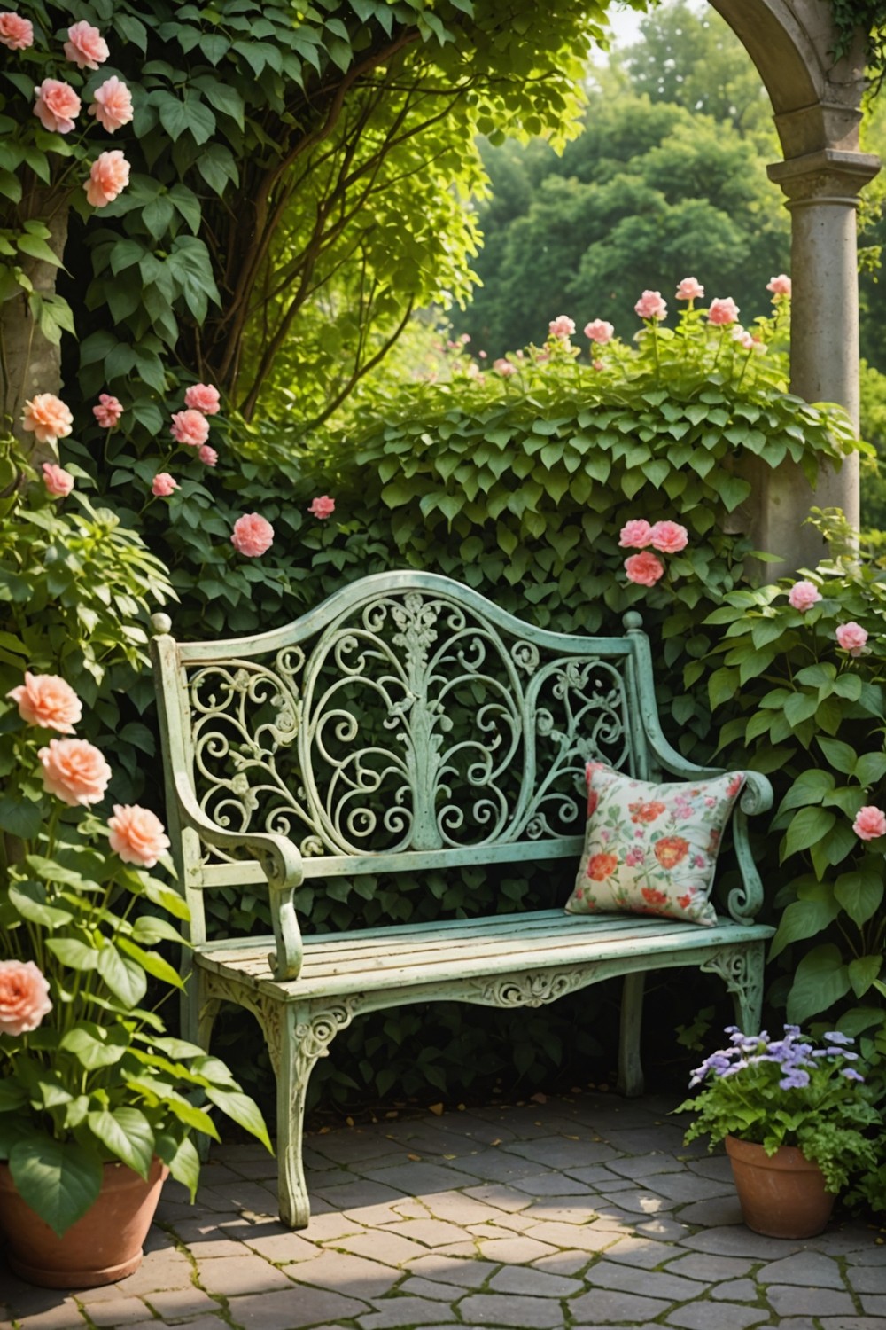 Vintage Garden Bench with Floral Patterns