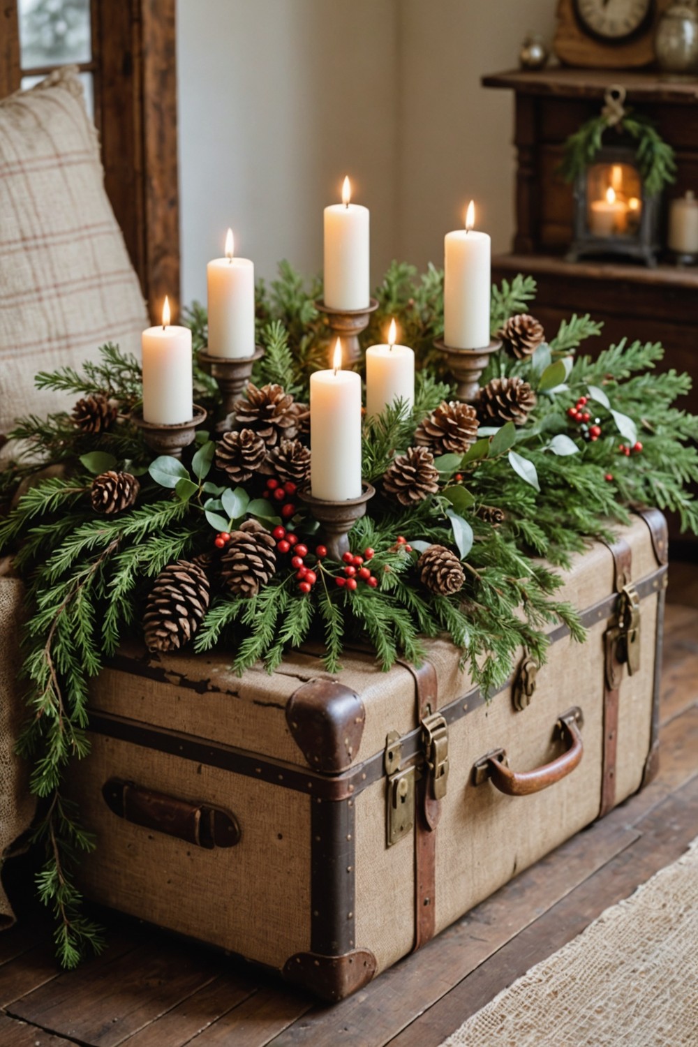 Vintage Suitcases as Holiday Decor with Evergreen and Pinecones