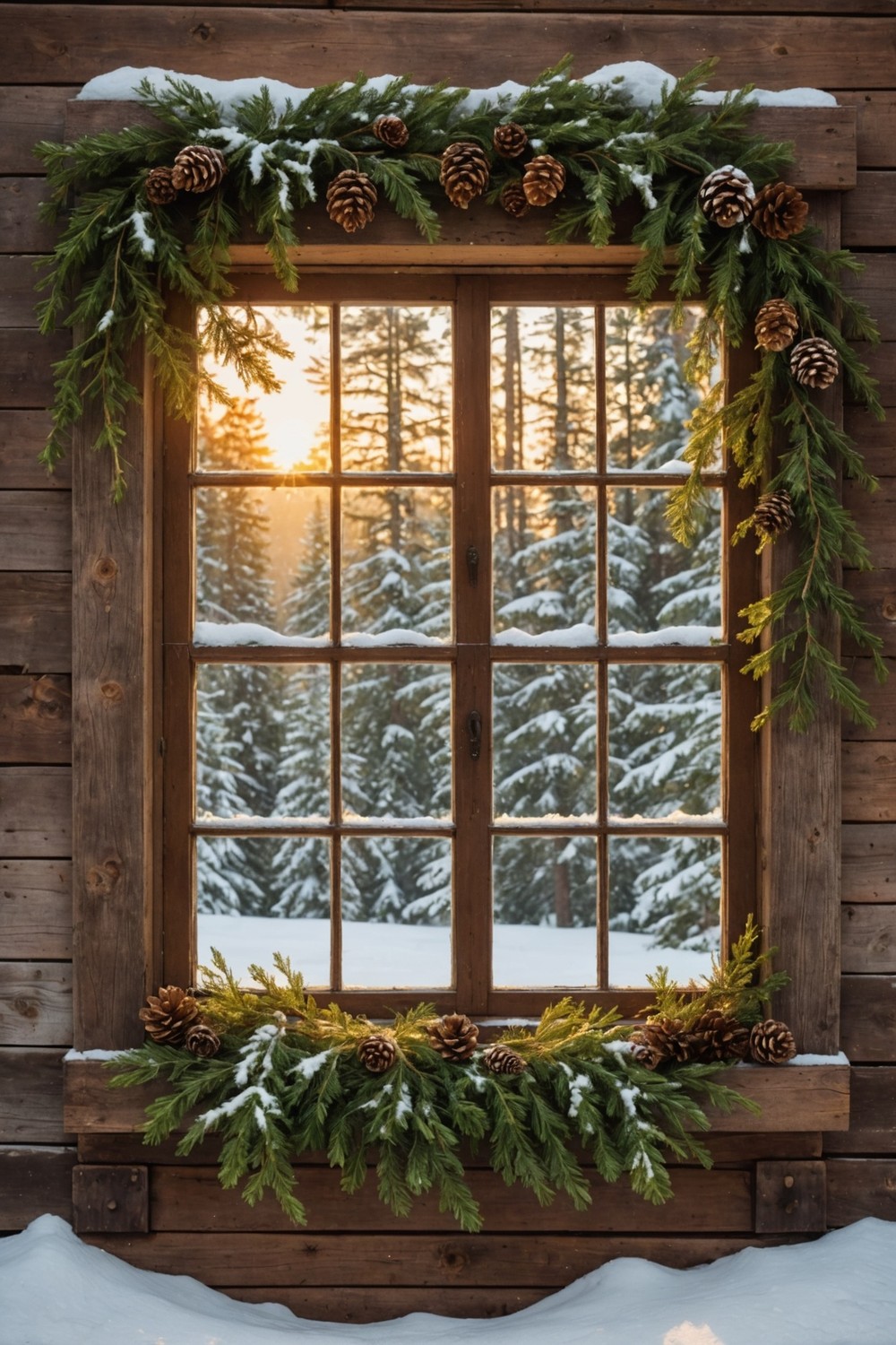 Vintage Window Displays with Evergreen and Pinecones