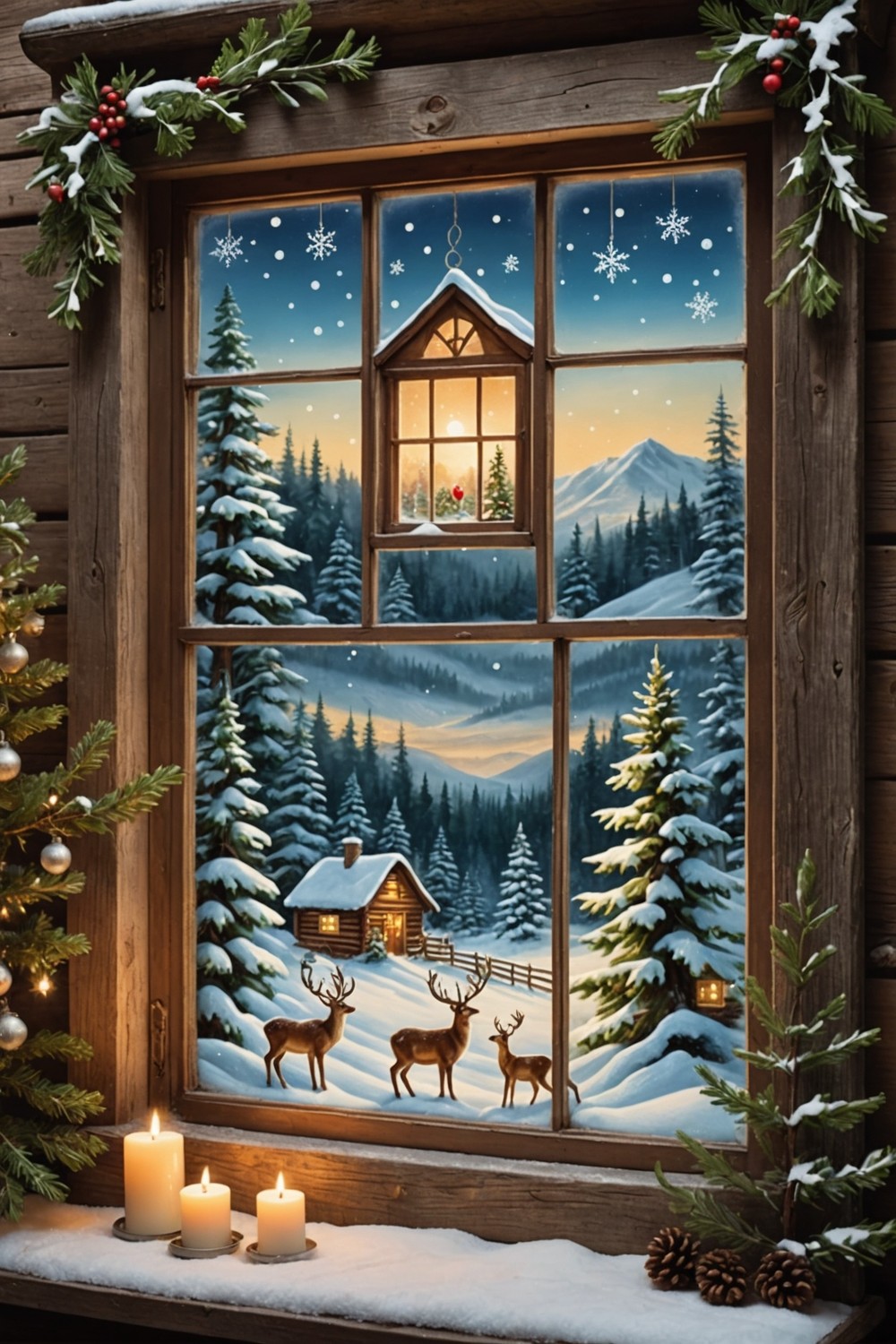 Vintage Window Turned into a Holiday Scene Display