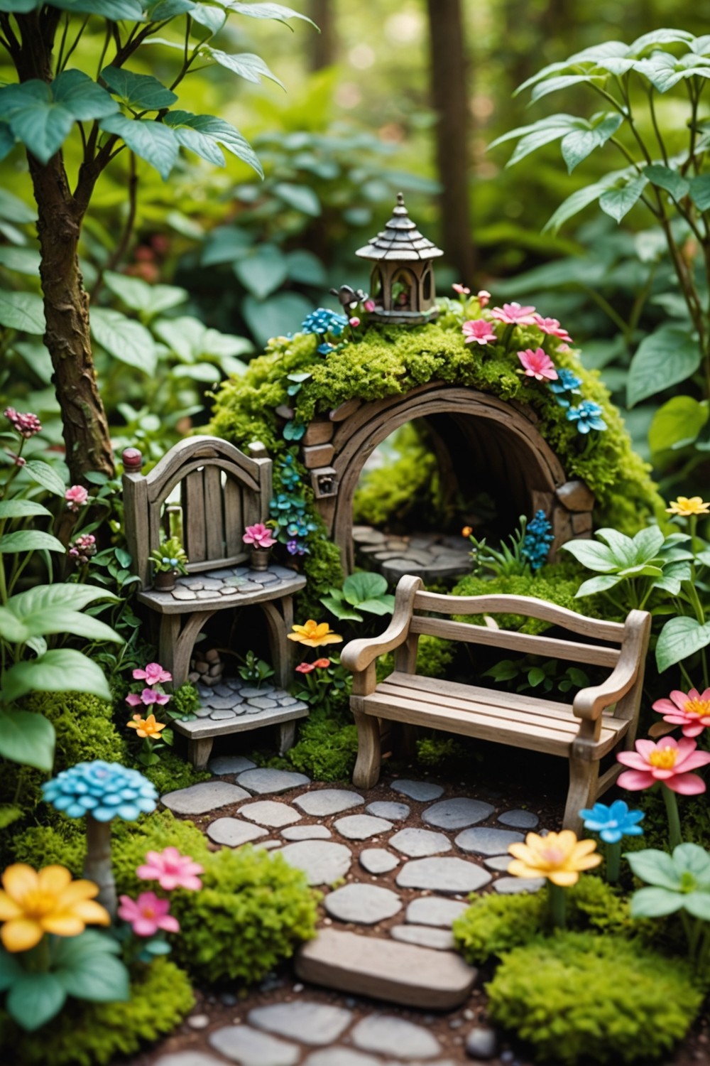 Whimsical Fairy Garden with Miniature Furniture