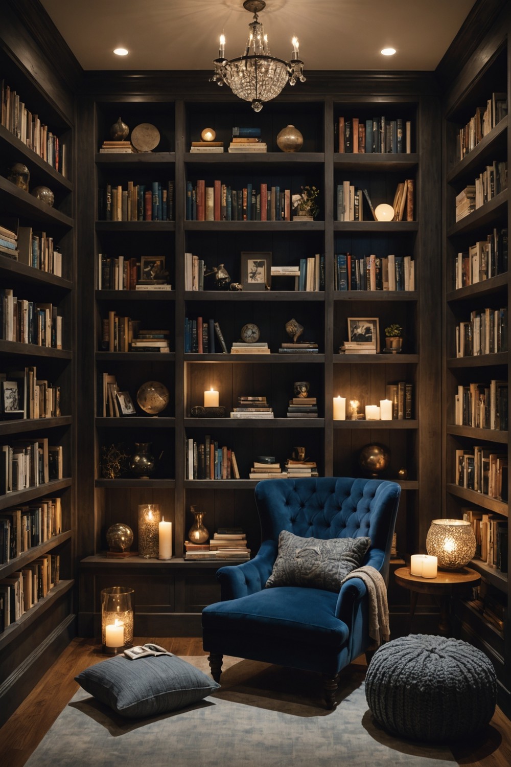 Cozy Reading Nook with Dark, Plush Fabrics