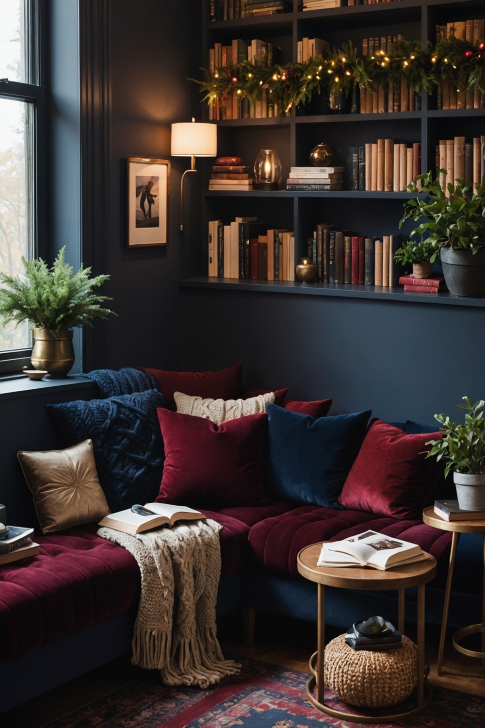 Cozy Reading Nook with Dark Throw Pillows