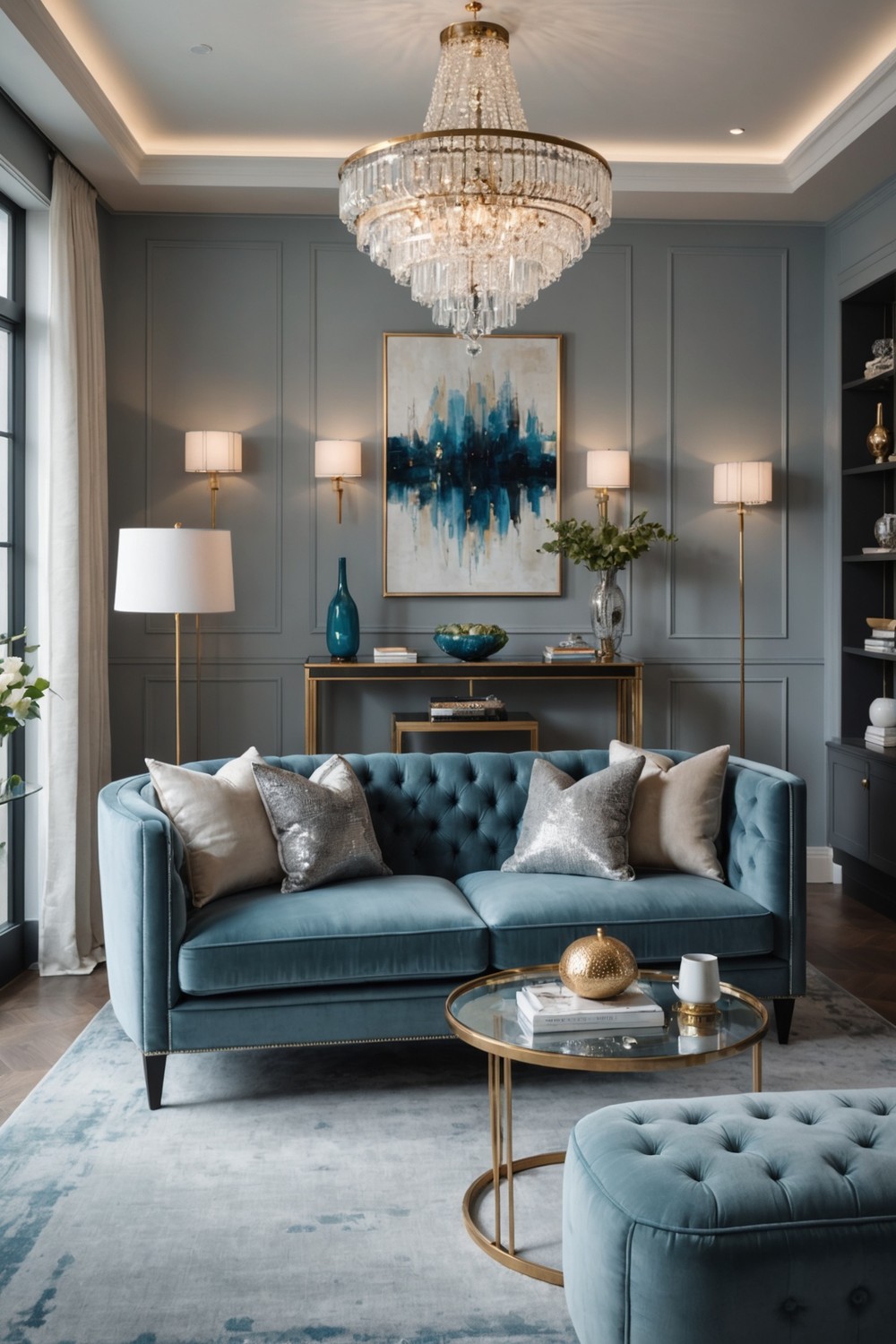 Elegant Retreat: Light Blue Velvet Sofa with Luxe Accents