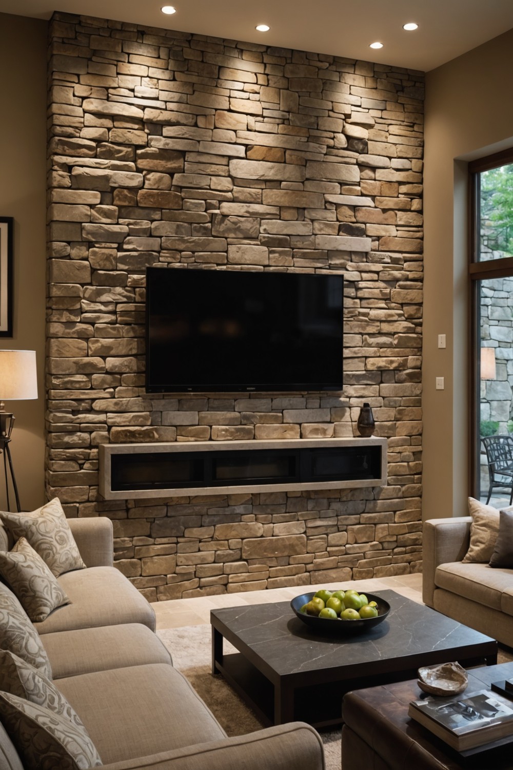 Floor-to-Ceiling Stone TV Wall with Rustic Charm