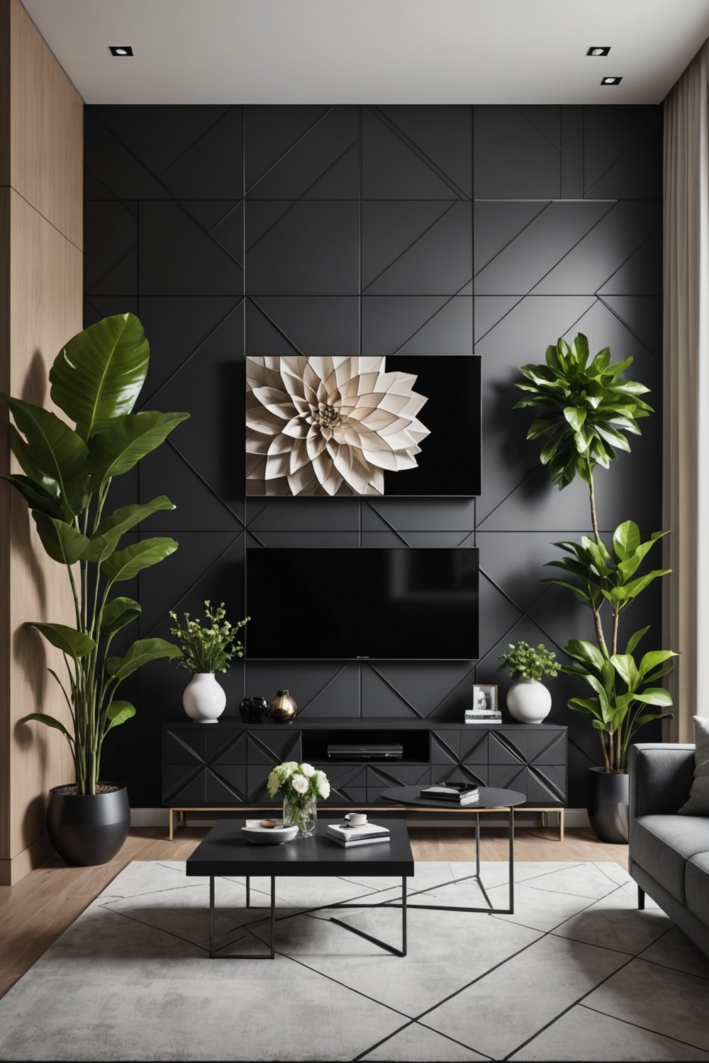 Geometric Patterned TV Wall with 3D Design