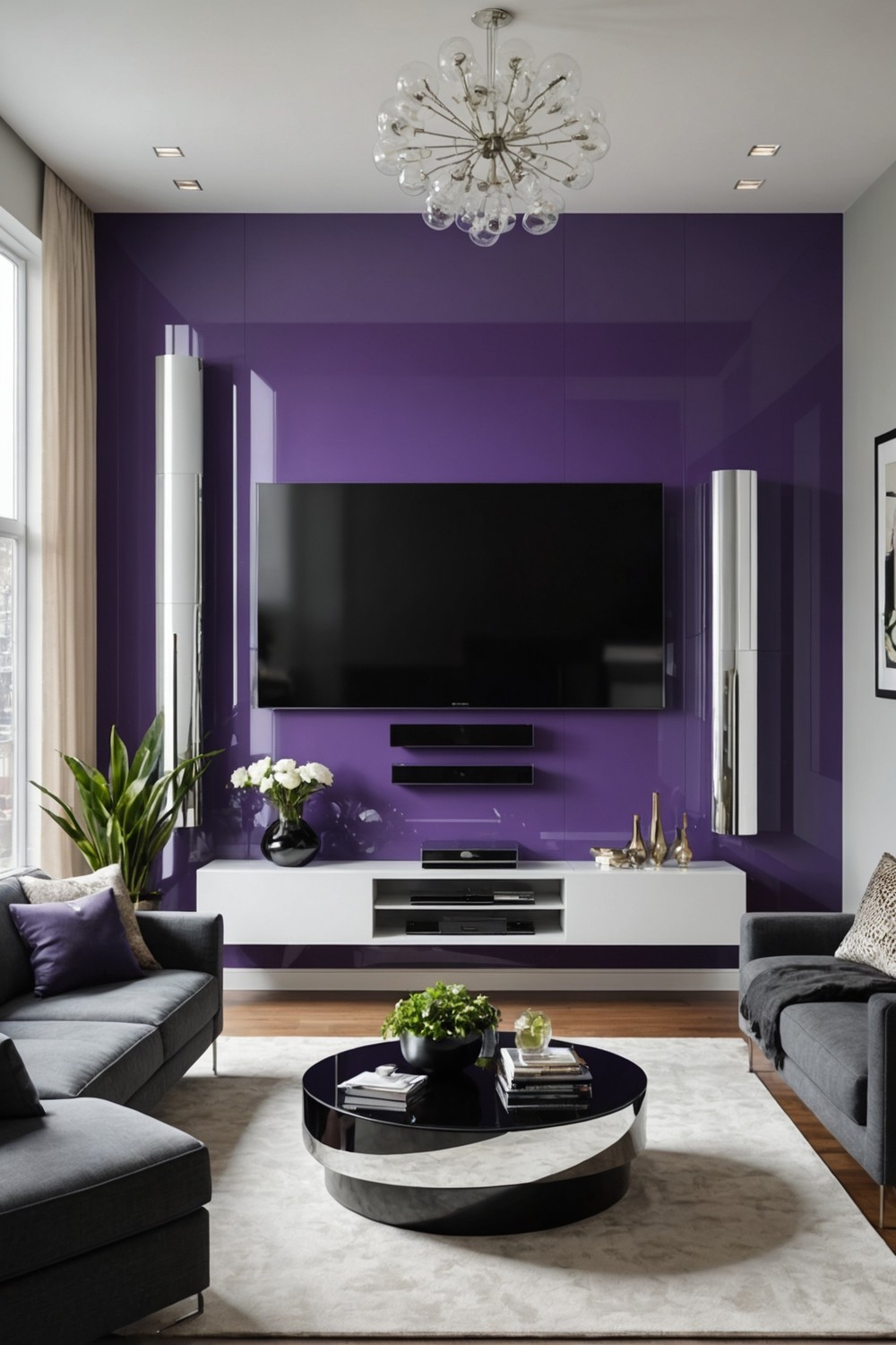 High-Gloss TV Wall with Reflective Surfaces