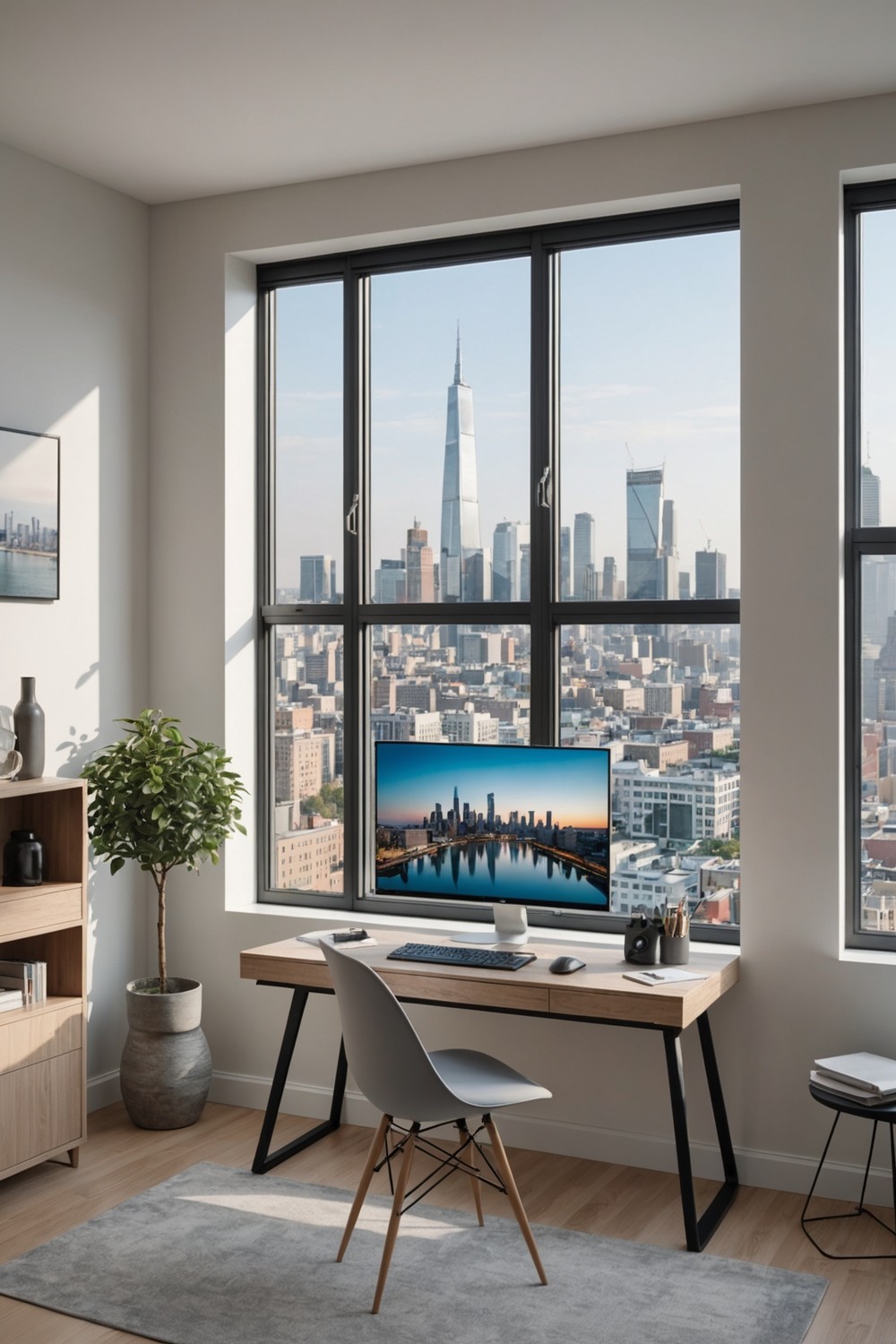 Space-Saving TV Wall with Fold-Down Desk