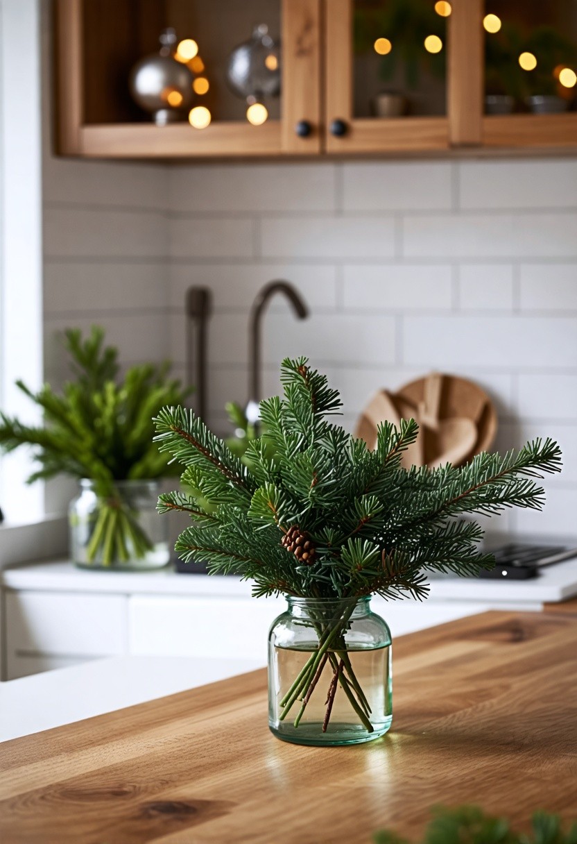 Fresh Evergreen Sprigs in Vases