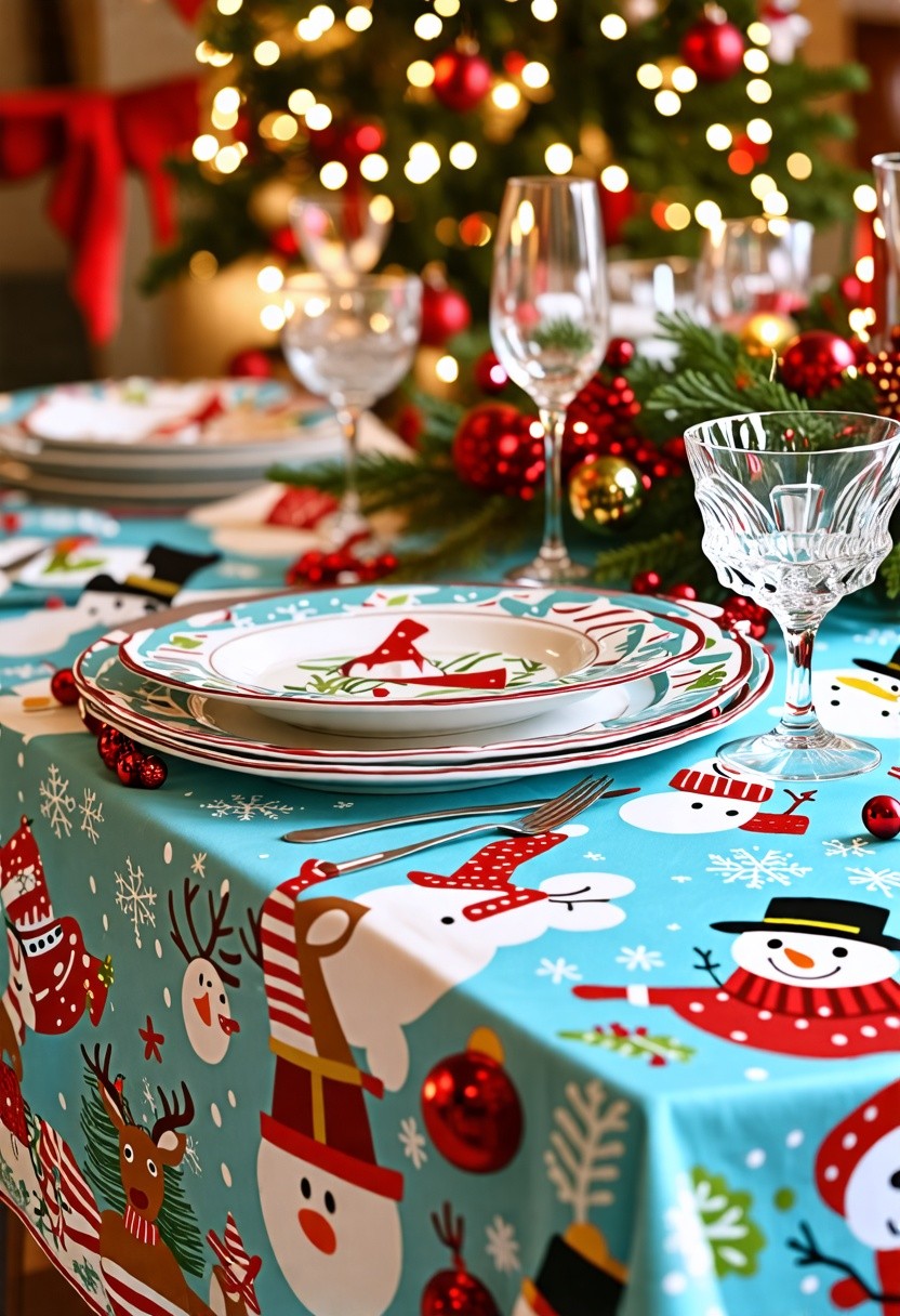 Brightly Colored Tablecloth with Holiday Prints