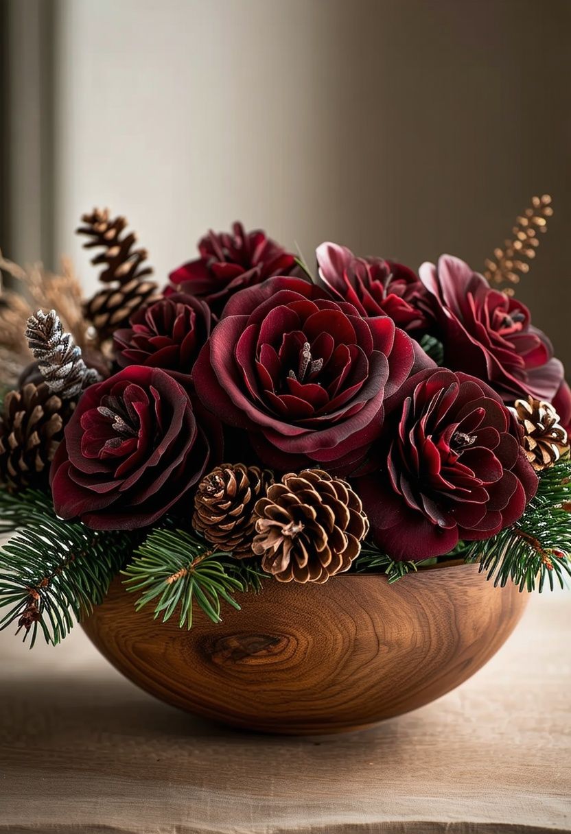 Burgundy and Pinecone Holiday Arrangements