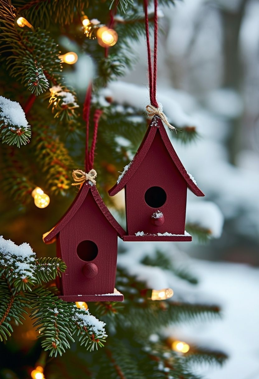 Burgundy Birdhouse Ornaments for Trees