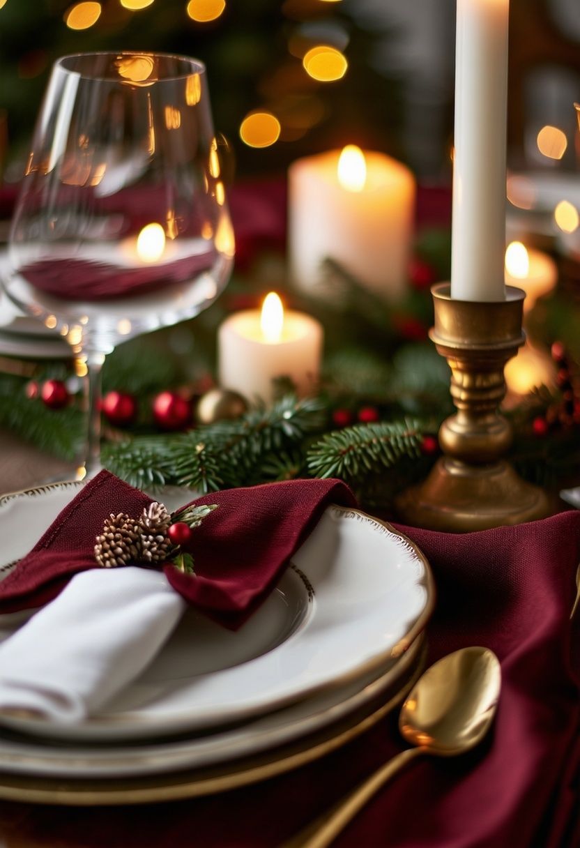 Burgundy Table Settings with White Dishes