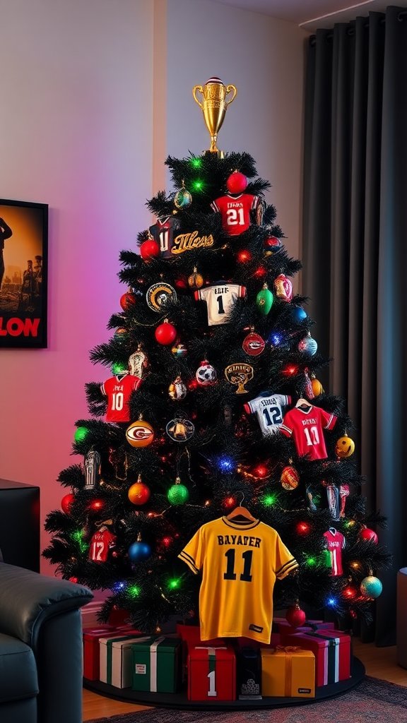 Sports Fan Decorated Black Christmas Tree