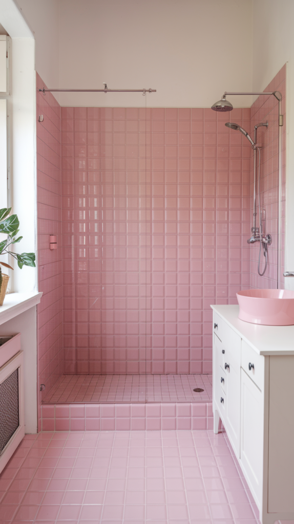 Pink Shower Tiles With White Grout