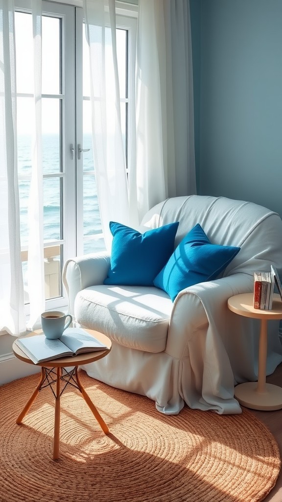 Relaxing Reading Nook with Blue Cushions