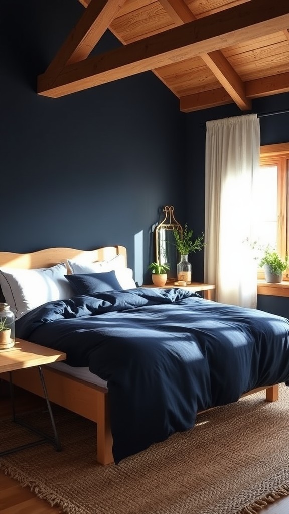 Rustic Bedroom with Navy Blue Tones