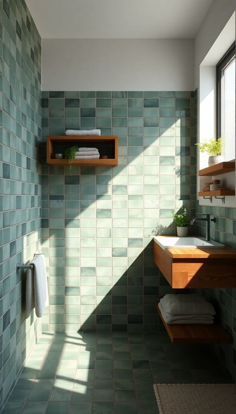 Rustic Green Tiles with Wood Elements