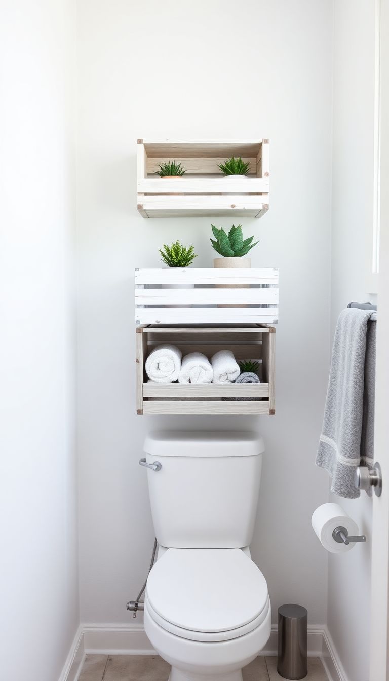 Storage Crates Stacked Above Toilet