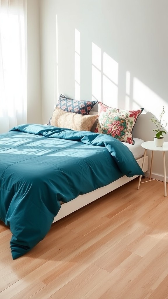 Use Teal Duvets with Patterned Pillows