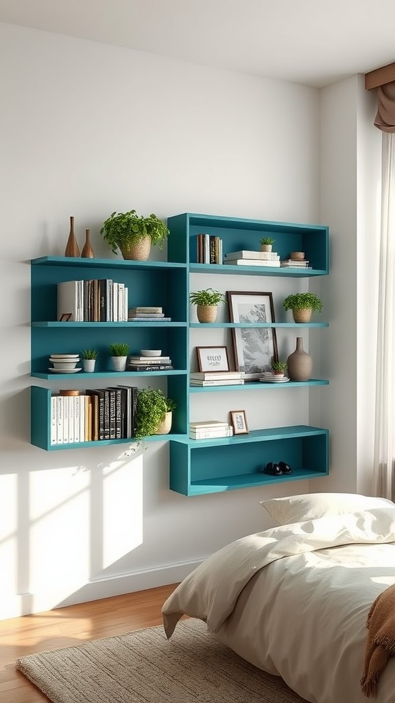 Utilize Teal Shelves for Storage