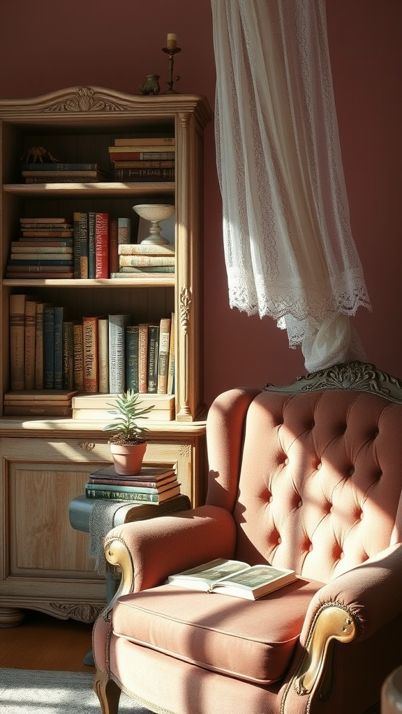 Vintage Bookshelves with Dusty Pink Decor