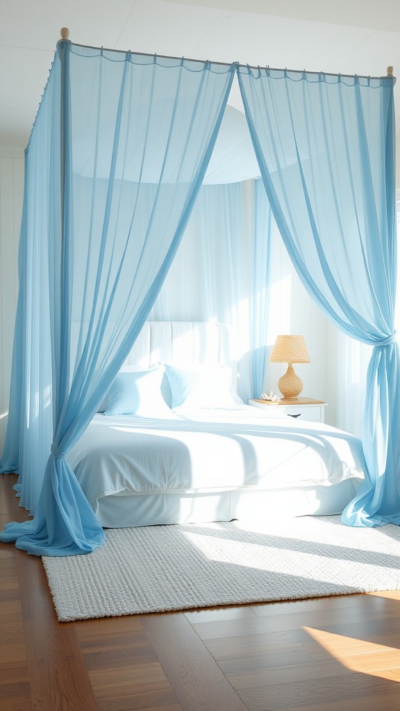 White Canopy Beds with Blue Drapes