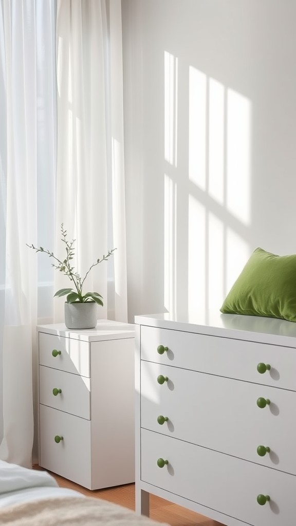 White Dressers with Green Hardware