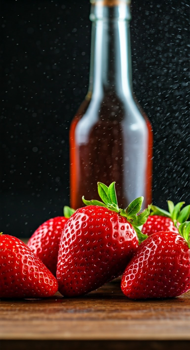 Fresh strawberries with vinegar bottle