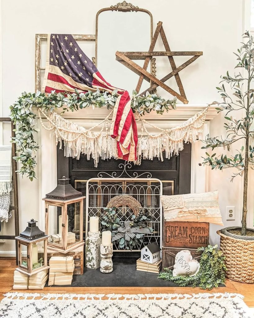 Organic Patriotic Fireplace Decor